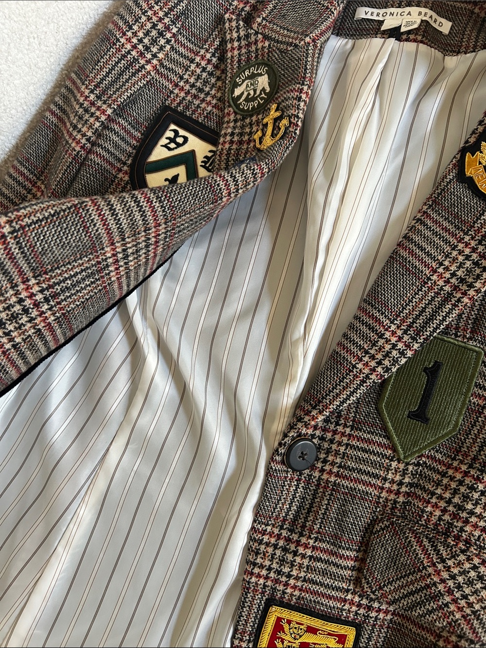 Veronica Beard Plaid Patchwork Blazer with Embroidered Crest Patches - Picture 4 of 4